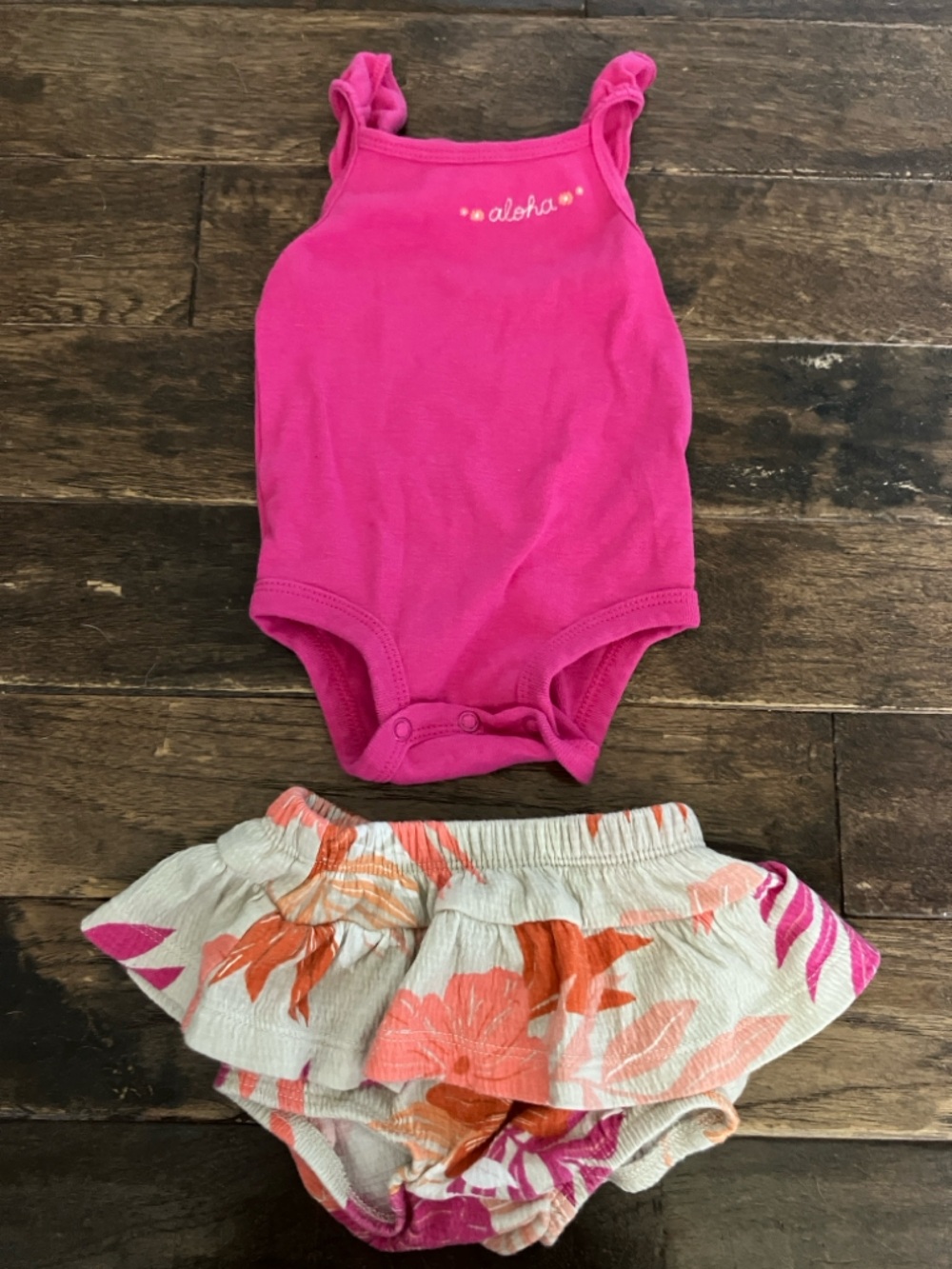 Baby Girls' Pink 'Aloha' Tank Bodysuit with Floral Ruffle Bloomers and Romper
